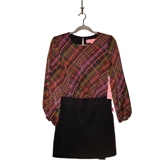 LDT NEW $199 Ivonne Plaid 3/4 Puff Sleeve Mini‎ Dress Black Multi Size 10 - Picture 3 of 6
